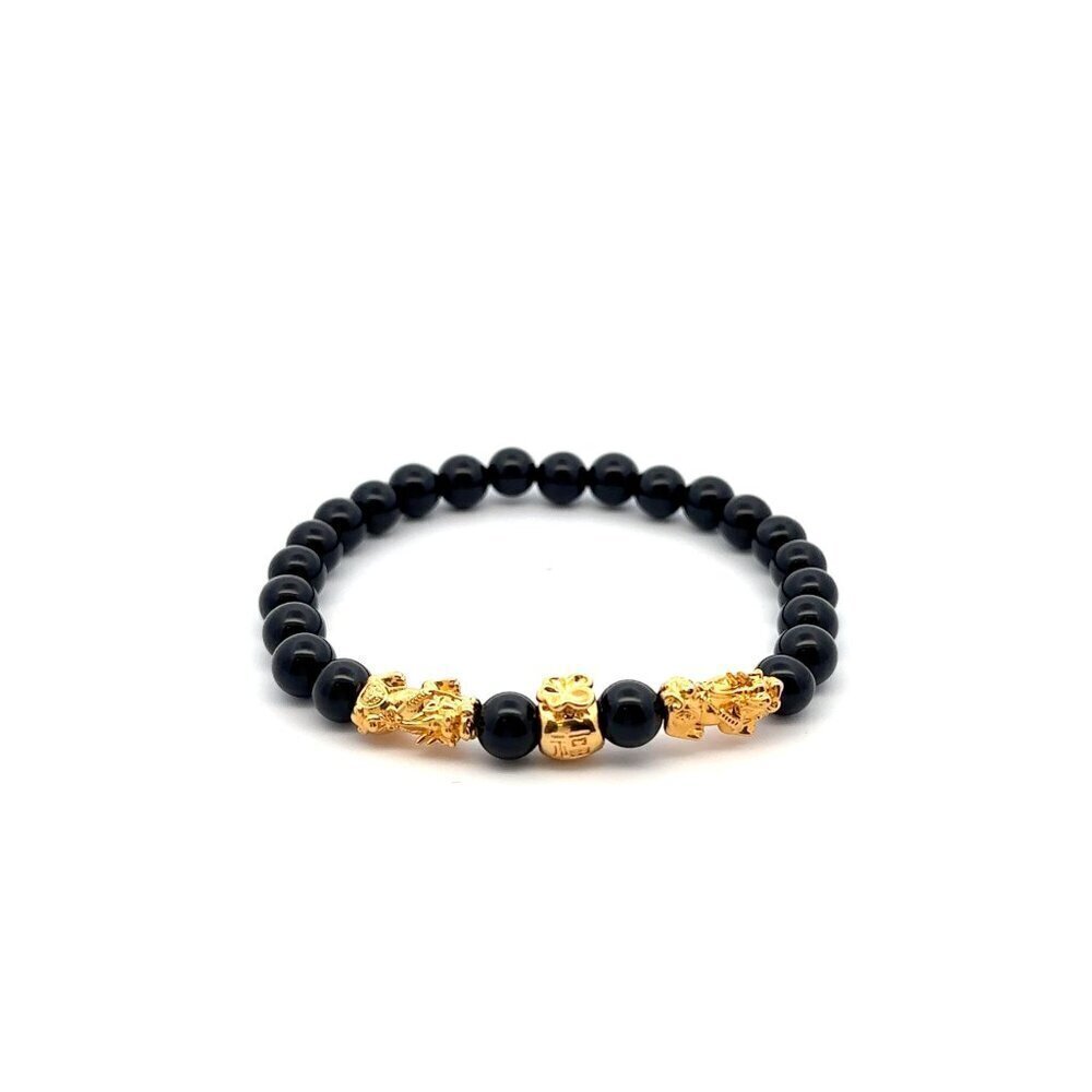 18K Gold Dragon Pixiu Double Piyao Money Bag Lucky Charm Bracelet Gemstones Onyx